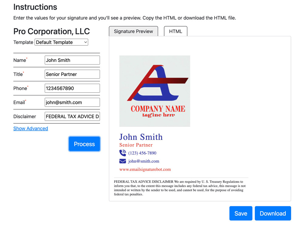 Screenshot of the Email Signature Bot tool